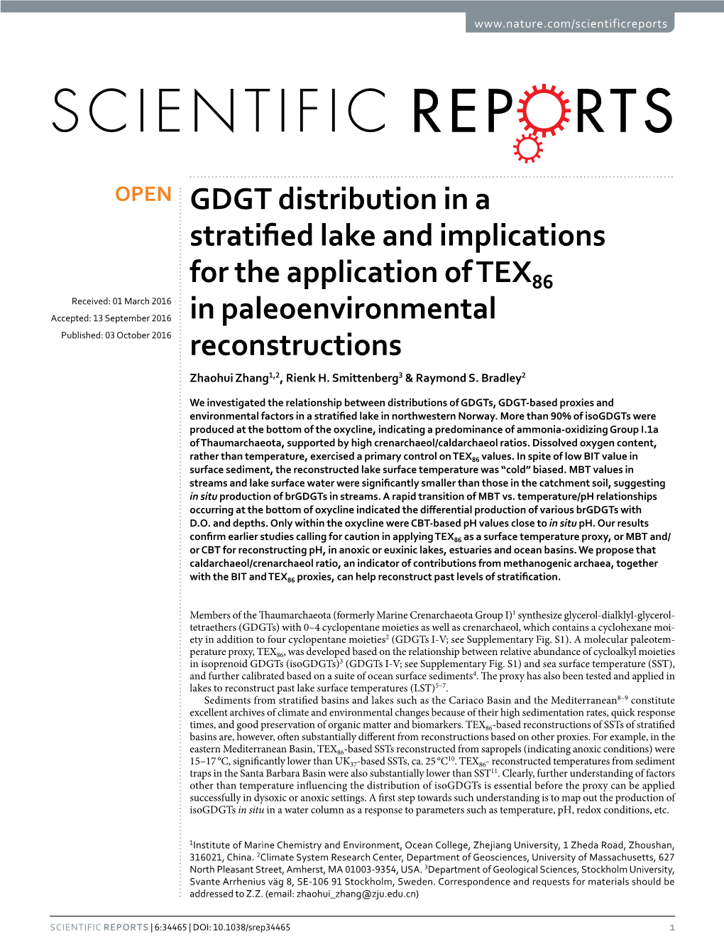 GDGT Distribution in a Stratified Lake and Implications for the Application