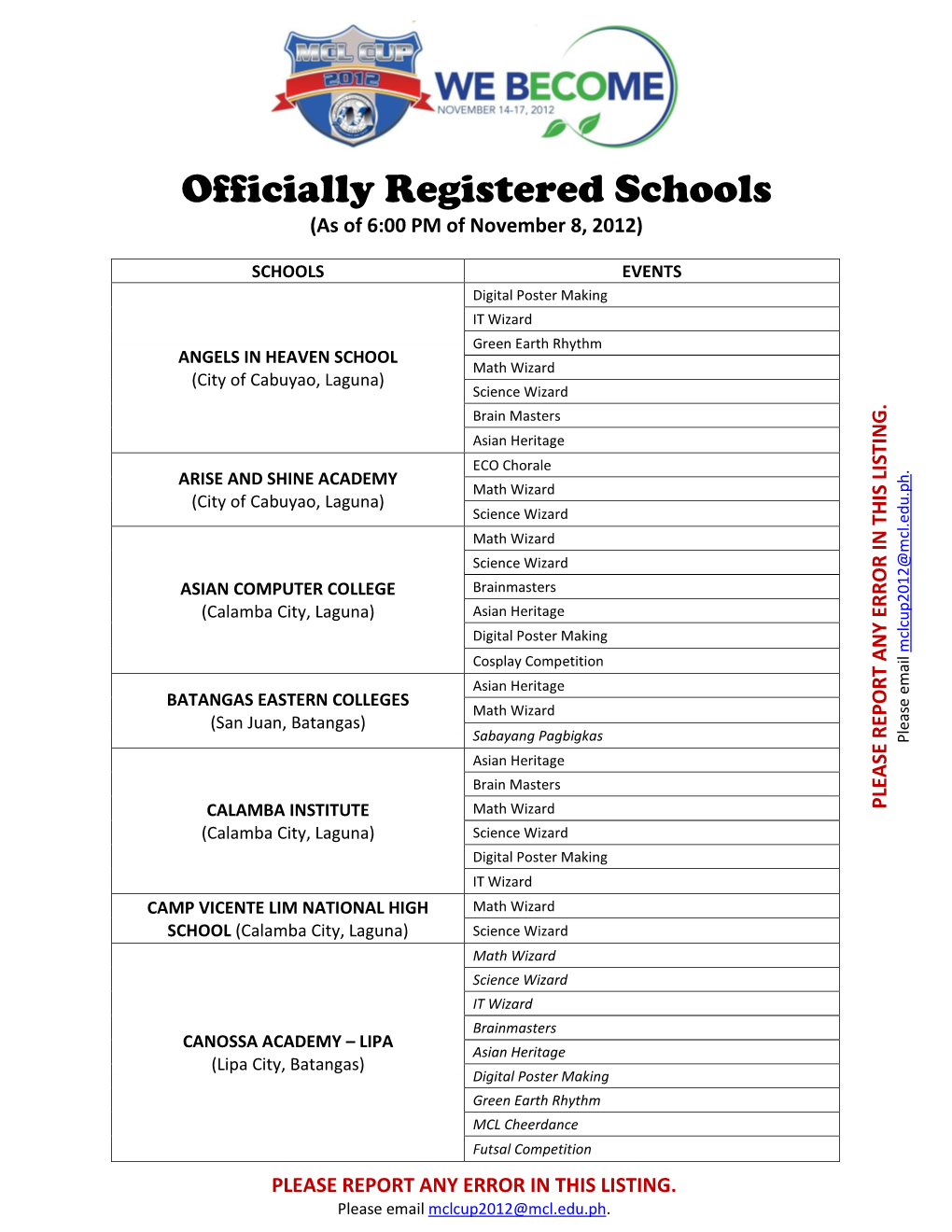 Officially Registered Schools (As of 6:00 PM of November 8, 2012)