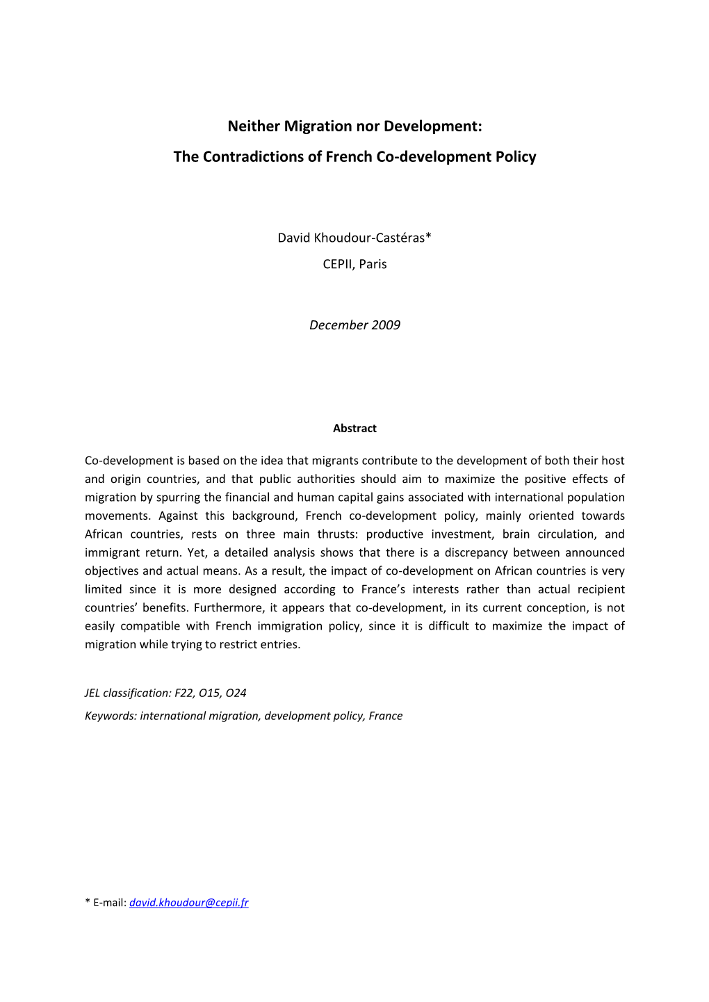 Neither Migration Nor Development: the Contradictions of French Co-Development Policy