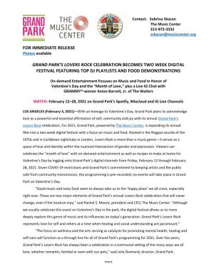 For Immediate Release Grand Park's Lovers Rock