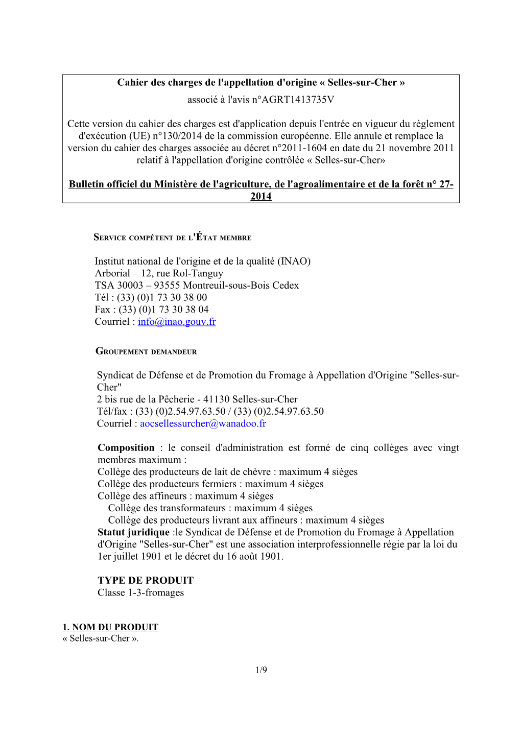 Cahier Des Charges De L'appellation D'origine « Selles-Sur-Cher » Associé À L'avis N°AGRT1413735V