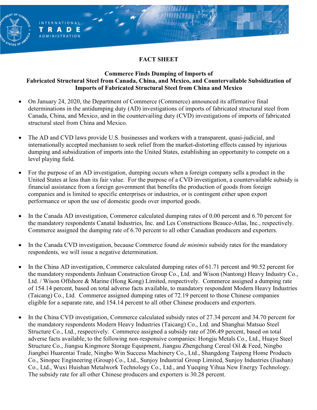 FACT SHEET Commerce Finds Dumping of Imports of Fabricated