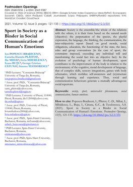 Sport in Society As a Binder in Social Communication of Human's Emotions Ion POPESCU-BRADICENI, Et Al