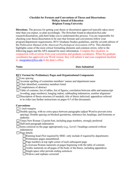 Checklist for Formats and Conventions of Theses and Dissertations Mckay School of Education Brigham Young University Directions