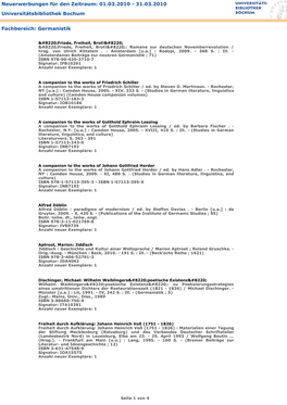 Neuerwerbungen Für Den Zeitraum: 01.03.2010 - 31.03.2010 Universitätsbibliothek Bochum