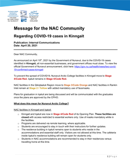 Message for the NAC Community Regarding COVID-19 Cases in Kinngait