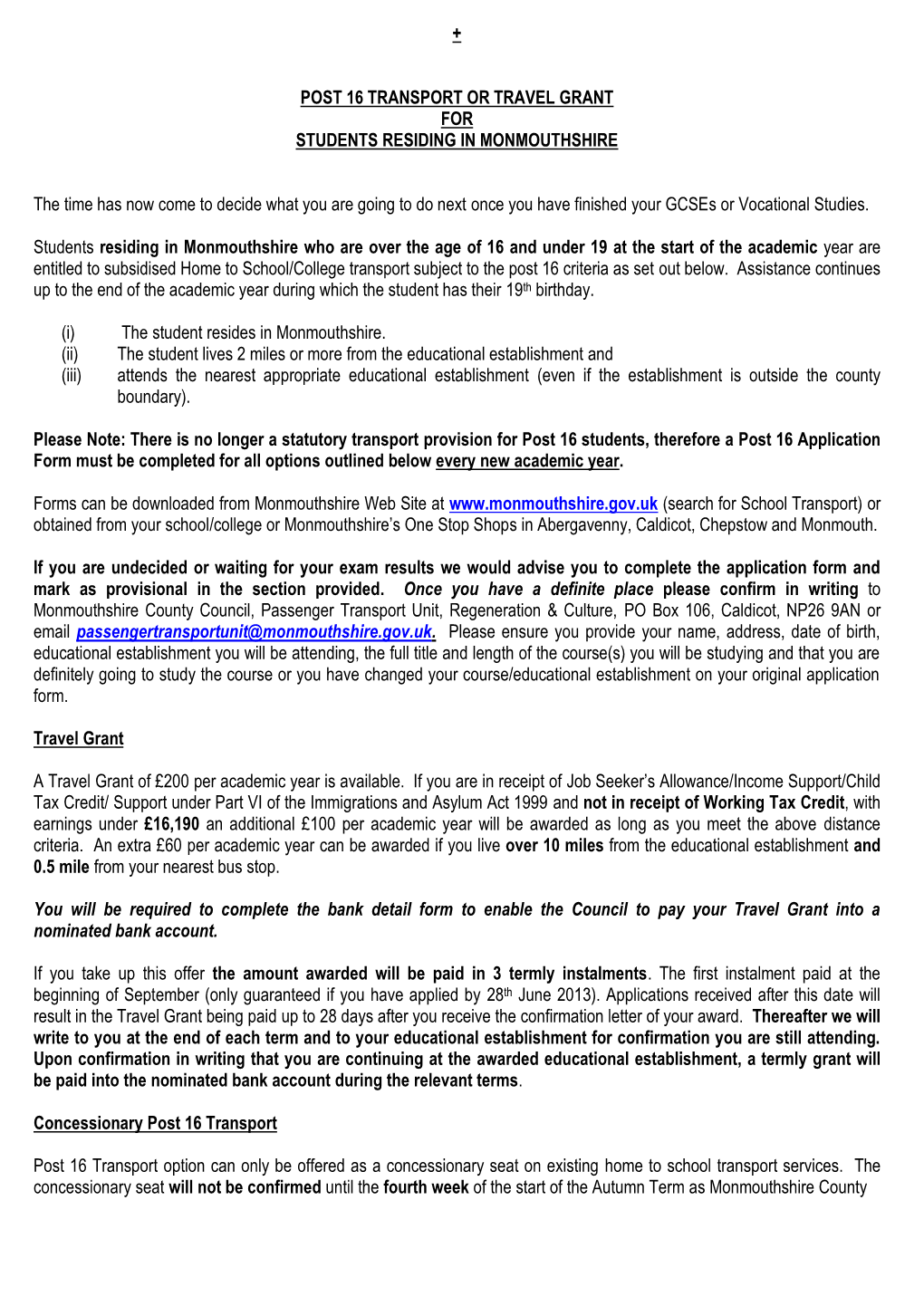 Post 16 Transport Or Travel Grant for Students Residing in Monmouthshire