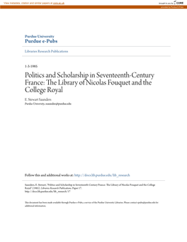Politics and Scholarship in Seventeenth-Century France: the Library of Nicolas Fouquet and the College Royal E