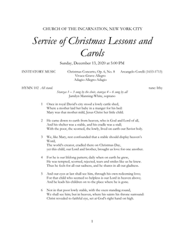 Service of Christmas Lessons and Carols Sunday, December 13, 2020 at 5:00 PM