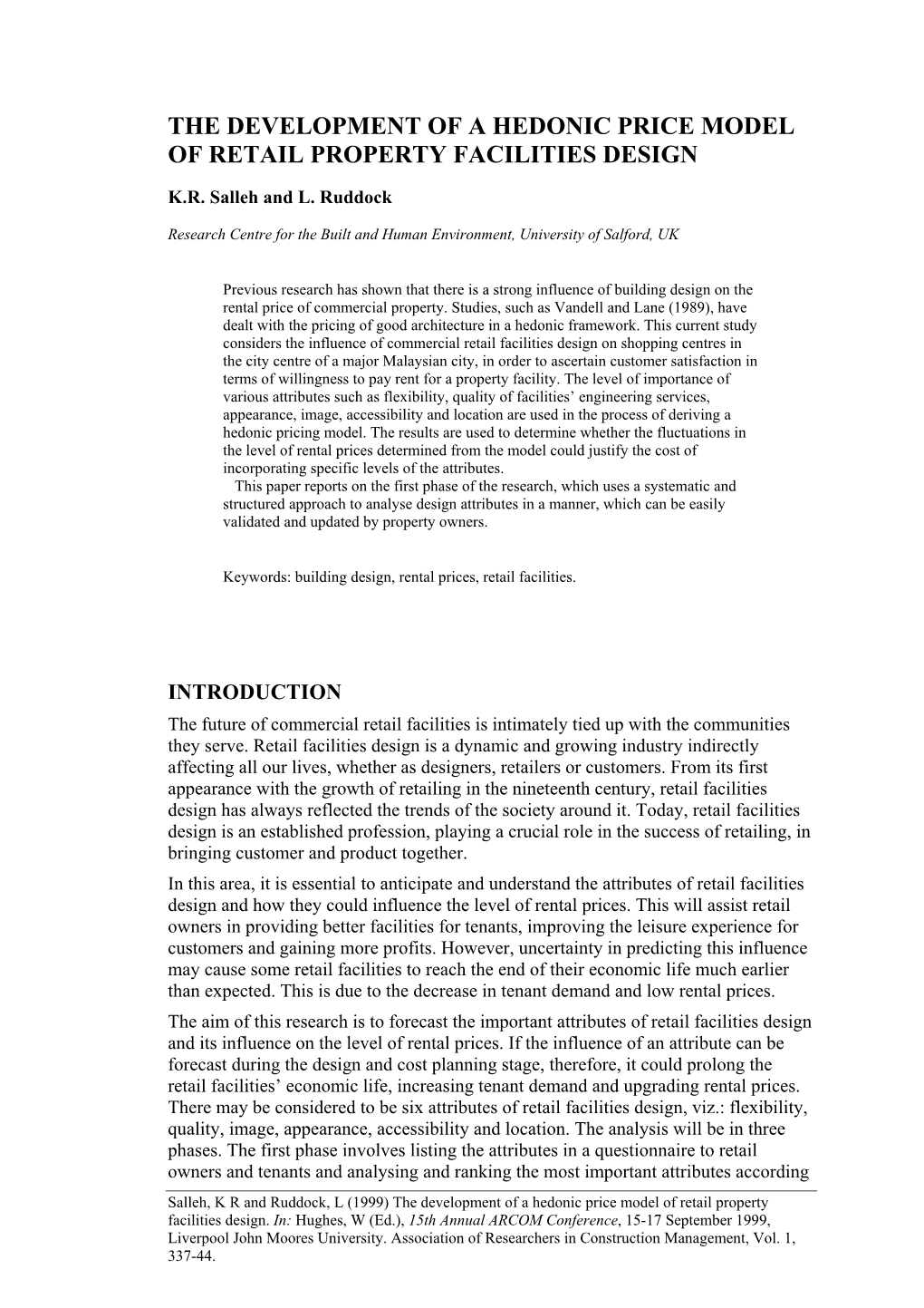 The Development of a Hedonic Price Model of Retail Property Facilities Design