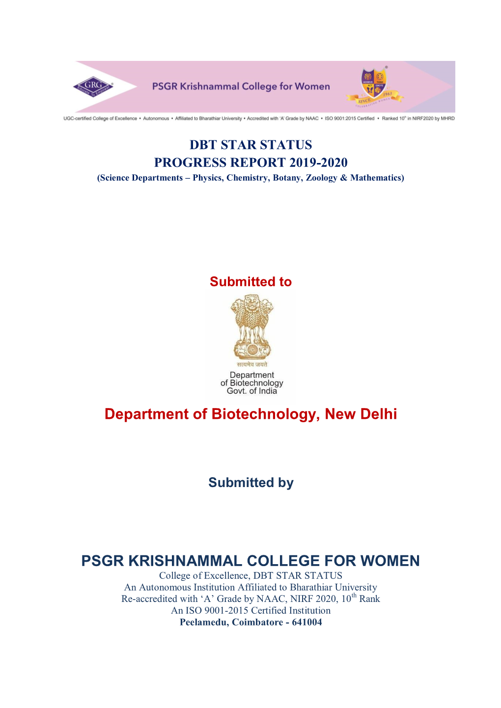 Department of Biotechnology, New Delhi PSGR KRISHNAMMAL COLLEGE for WOMEN
