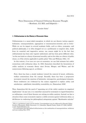 Three Dimensions of Classical Utilitarian Economic Thought ––Bentham, J.S