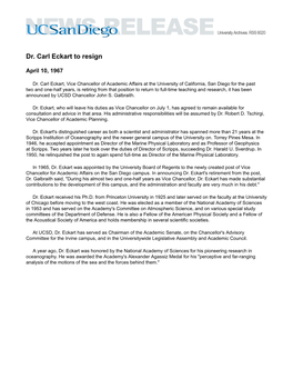 Dr. Carl Eckart to Resign