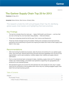 The Gartner Supply Chain Top 25 for 2013 Published: 22 May 2013