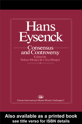 Hans Eysenck: Consensus and Controversy