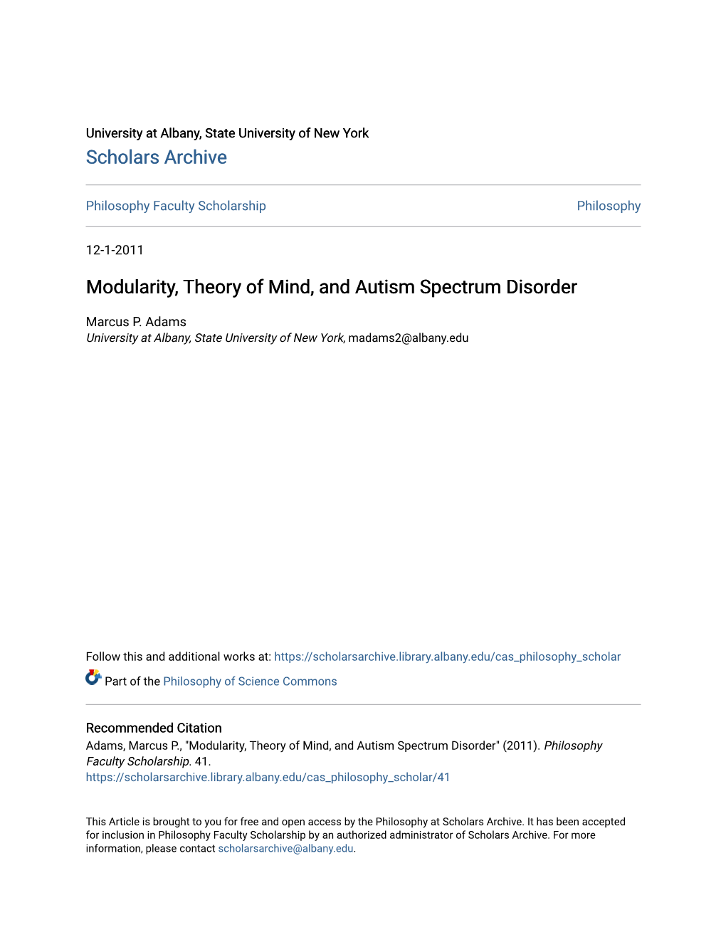 Modularity, Theory of Mind, and Autism Spectrum Disorder