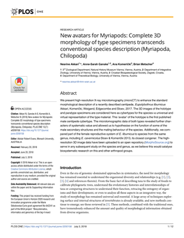 New Avatars for Myriapods: Complete 3D Morphology of Type Specimens Transcends Conventional Species Description (Myriapoda, Chilopoda)