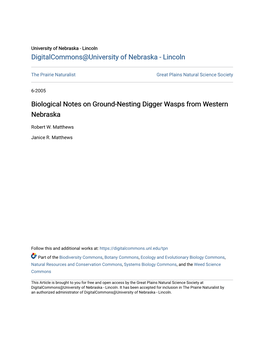 Biological Notes on Ground-Nesting Digger Wasps from Western Nebraska