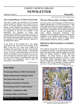 CHRIST CHURCH LIBRARY NEWSLETTER Volume 4, Issue 3 Trinity 2008
