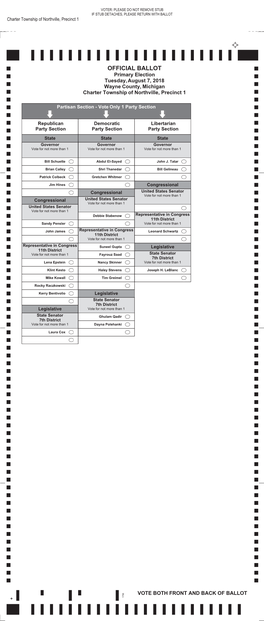 OFFICIAL BALLOT Primary Election Tuesday, August 7, 2018 Wayne County, Michigan Charter Township of Northville, Precinct 1