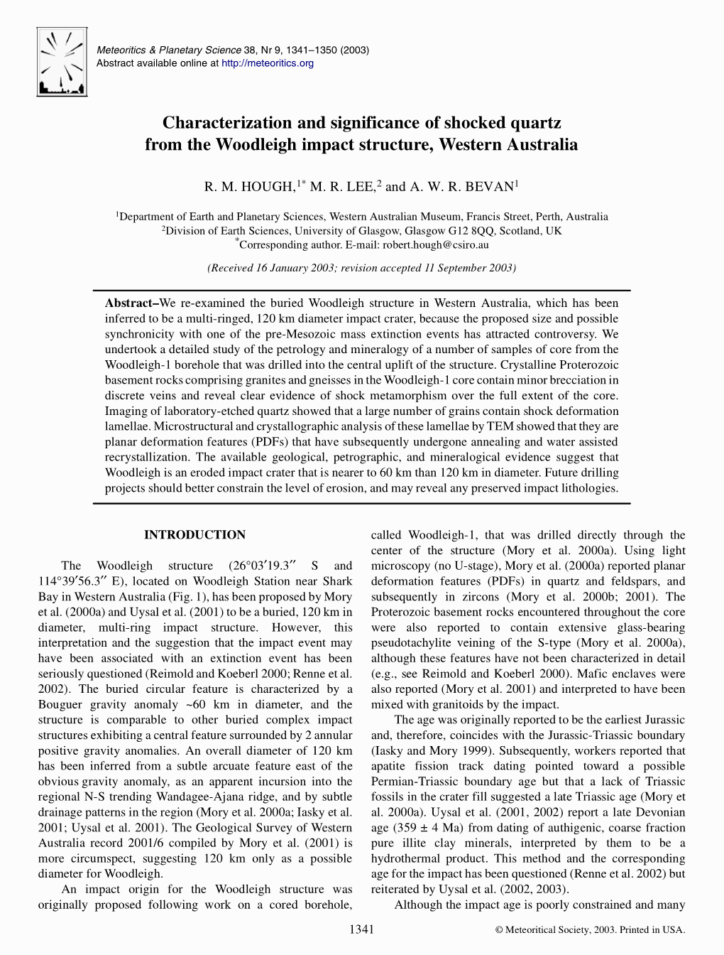 Characterization and Significance of Shocked Quartz from the Woodleigh Impact Structure, Western Australia