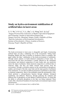 Study on Hydro-Environment Stabilization of Artificial Lakes in Karst Areas