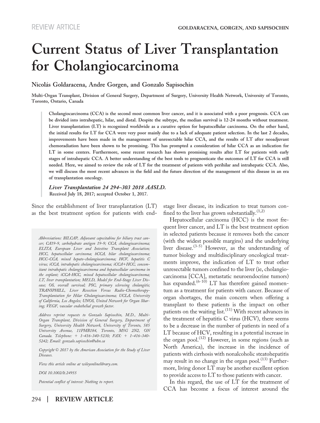 Current Status of Liver Transplantation for Cholangiocarcinoma