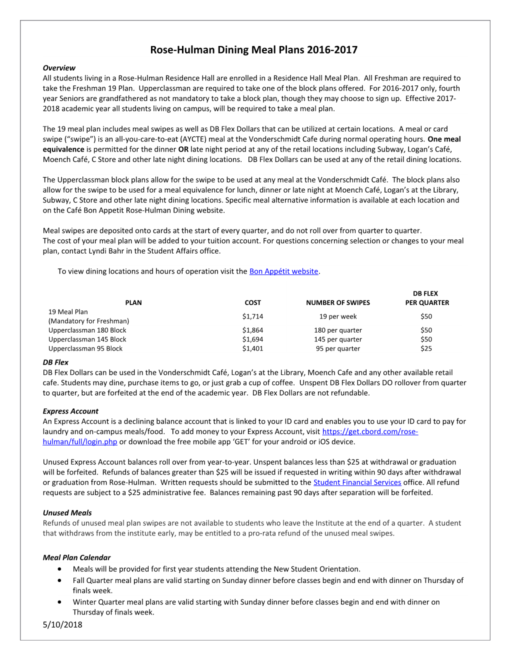 Rose-Hulman Dining Meal Plans 2016-2017