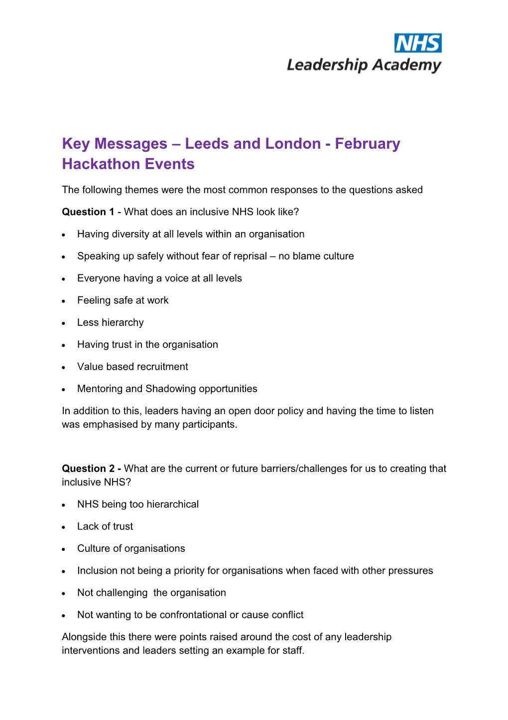 Key Messages Leeds and London - February Hackathon Events