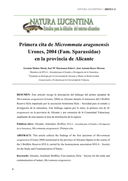 Primera Cita De Micrommata Aragonensis Urones, 2004 (Fam