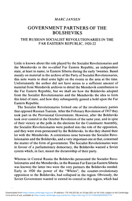 Government Partners of the Bolsheviks the Russian Socialist Revolutionaries in the Far Eastern Republic, 1920-22