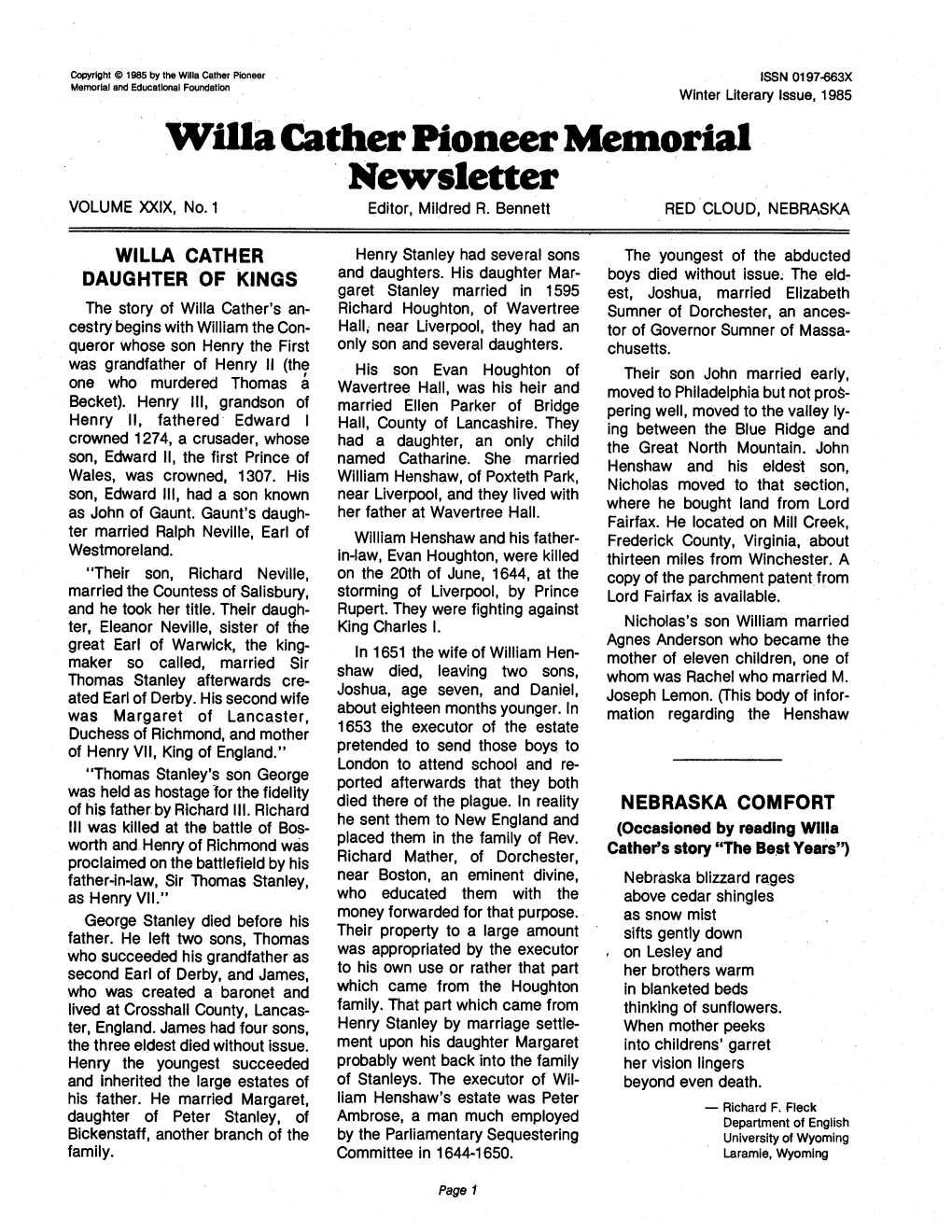 Willa Cather Pioneer Memorial Newsletter VOLUME Xxlx, No