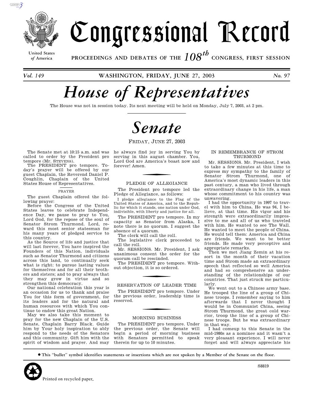 Congressional Record United States Th of America PROCEEDINGS and DEBATES of the 108 CONGRESS, FIRST SESSION