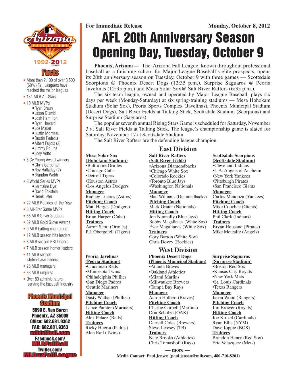 AFL 20Th Anniversary Season Opening Day, Tuesday, October 9