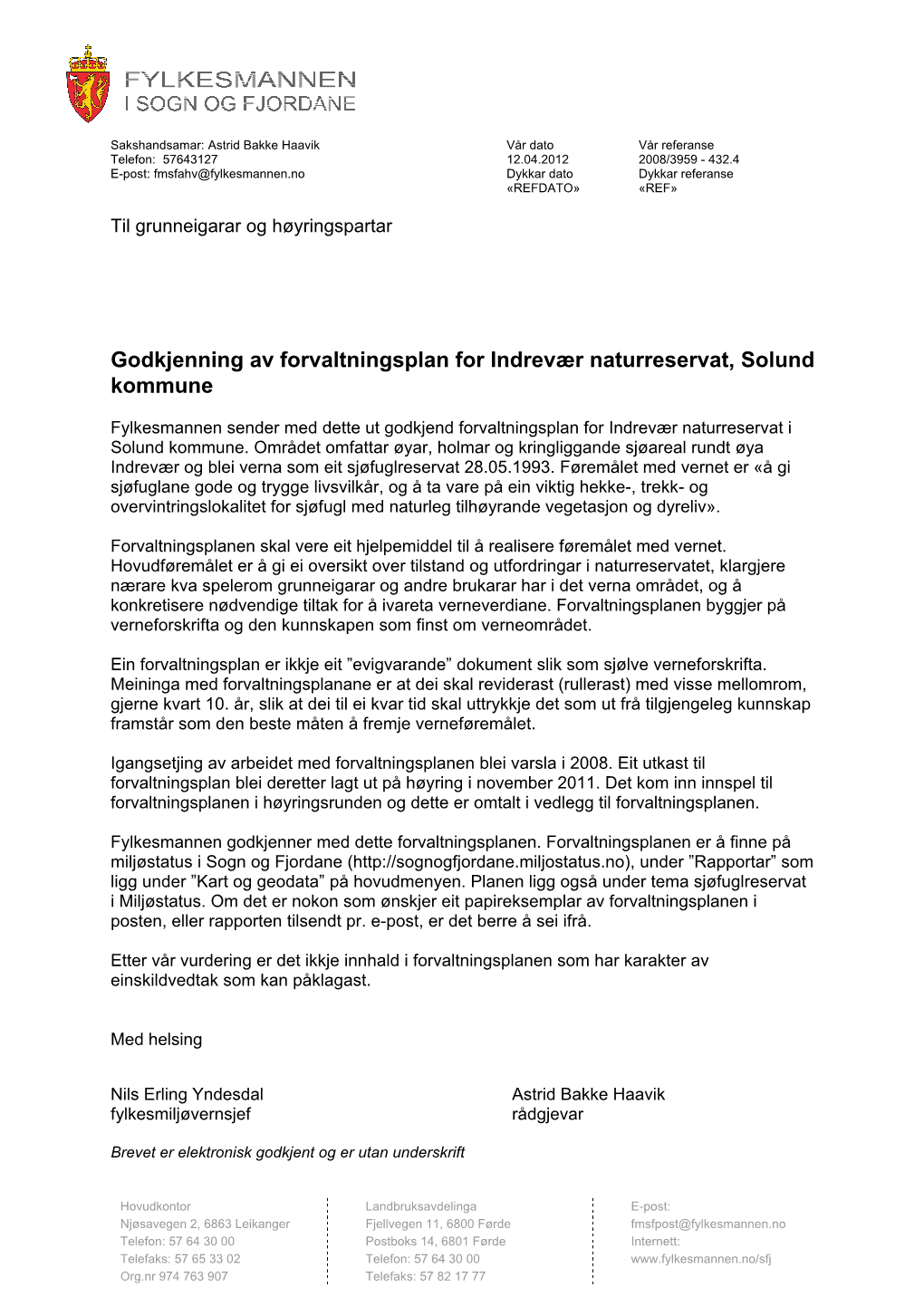 Godkjenning Av Forvaltningsplan for Indrevær Naturreservat, Solund Kommune