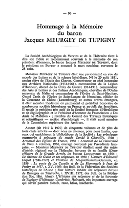 Hommage À La Mémoire Du Baron Jacques MEURGEY DE TUPIGNY