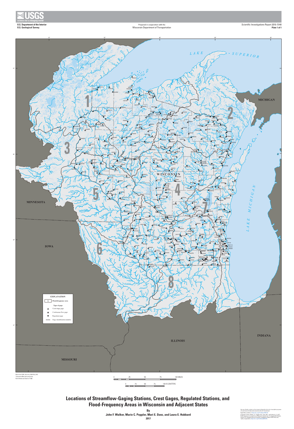 Locations of Streamflow-Gaging Stations, Crest Gages, Regulated Stations, and Flood-Frequency Areas in Wisconsin and Adjacent States