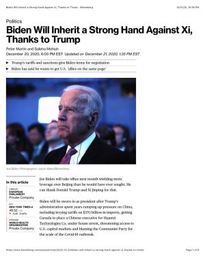 Biden Will Inherit a Strong Hand Against Xi, Thanks to Trump - Bloomberg 12/21/20, 10:56 PM
