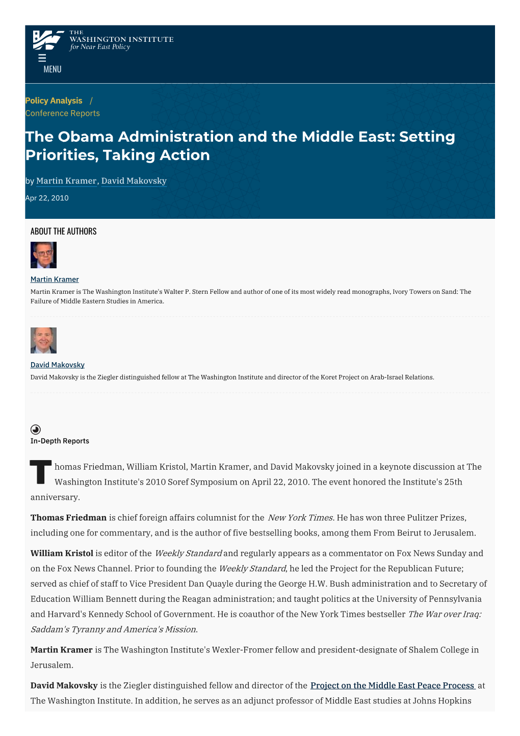 The Obama Administration and the Middle East: Setting Priorities, Taking Action by Martin Kramer, David Makovsky