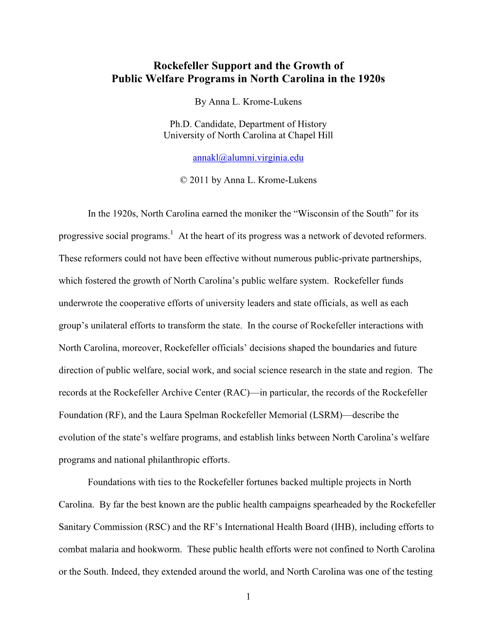 Rockefeller Support and the Growth of Public Welfare Programs in North Carolina in the 1920S