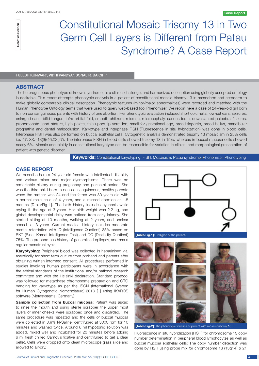 Constitutional Mosaic Trisomy 13 in Two Germ Cell Layers Is Different from Patau Syndrome?