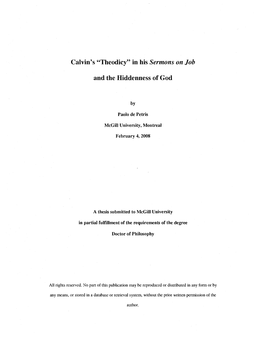 Calvin's "Theodicy" in His Sermons on Job and the Hiddenness Of