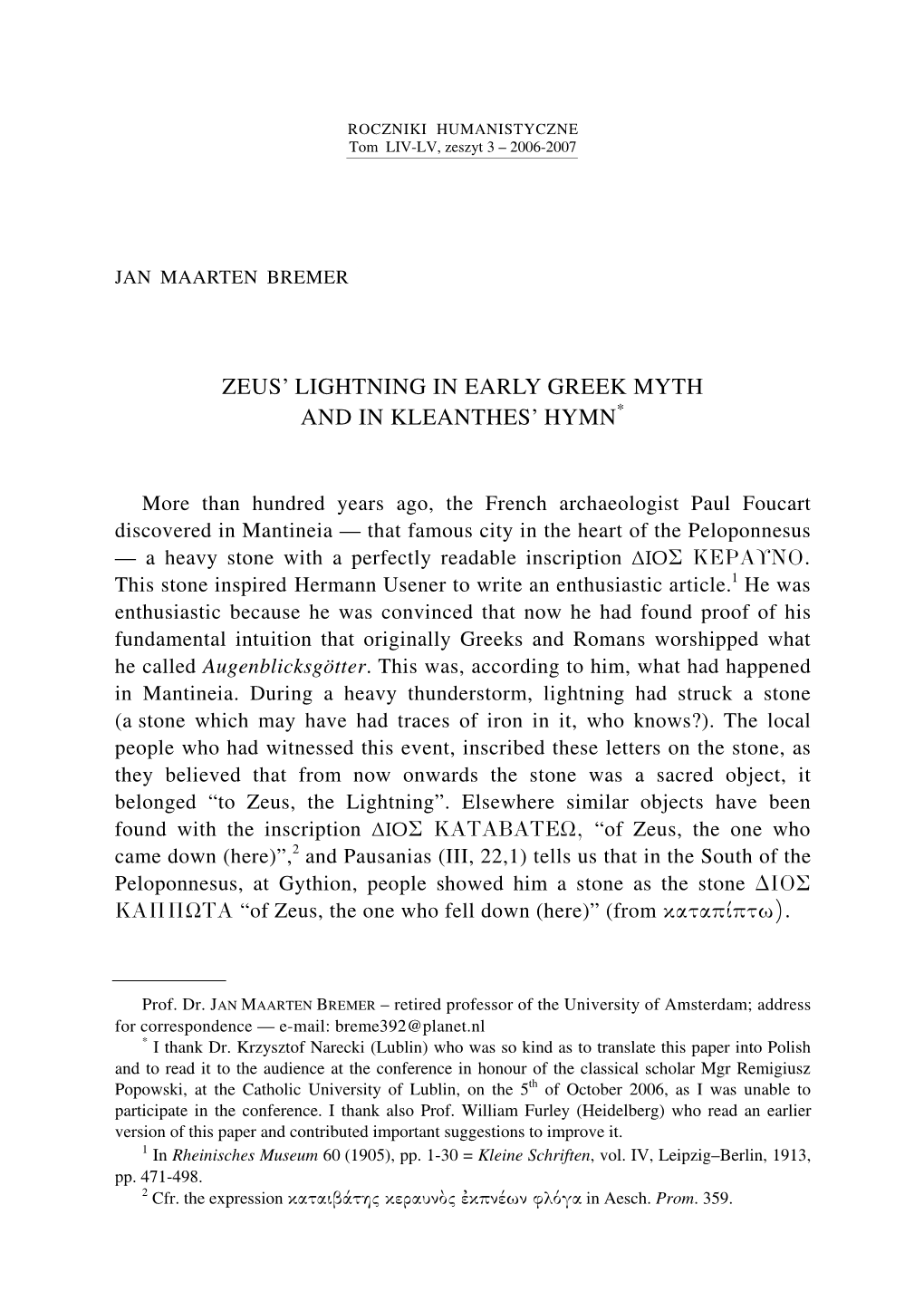Zeus' Lightning in Early Greek Myth and in Kleanthes' Hymn*