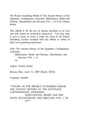 The Ancient History of the Egyptians, Carthaginians, Assyrians, Babylonians, Medes and Persians, Macedonians and Grecians (Vol