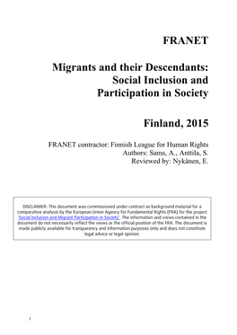 Social Inclusion and Participation in Society Finland, 2015