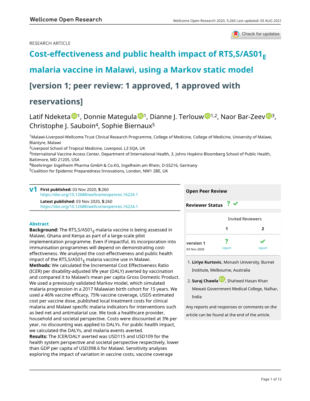 Cost-Effectiveness and Public Health Impact of RTS,S/AS01 Malaria Vaccine in Malawi, Using a Markov Static Model
