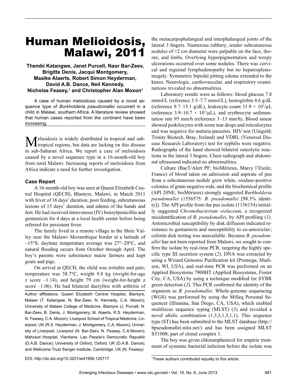 Human Melioidosis, Malawi, 2011