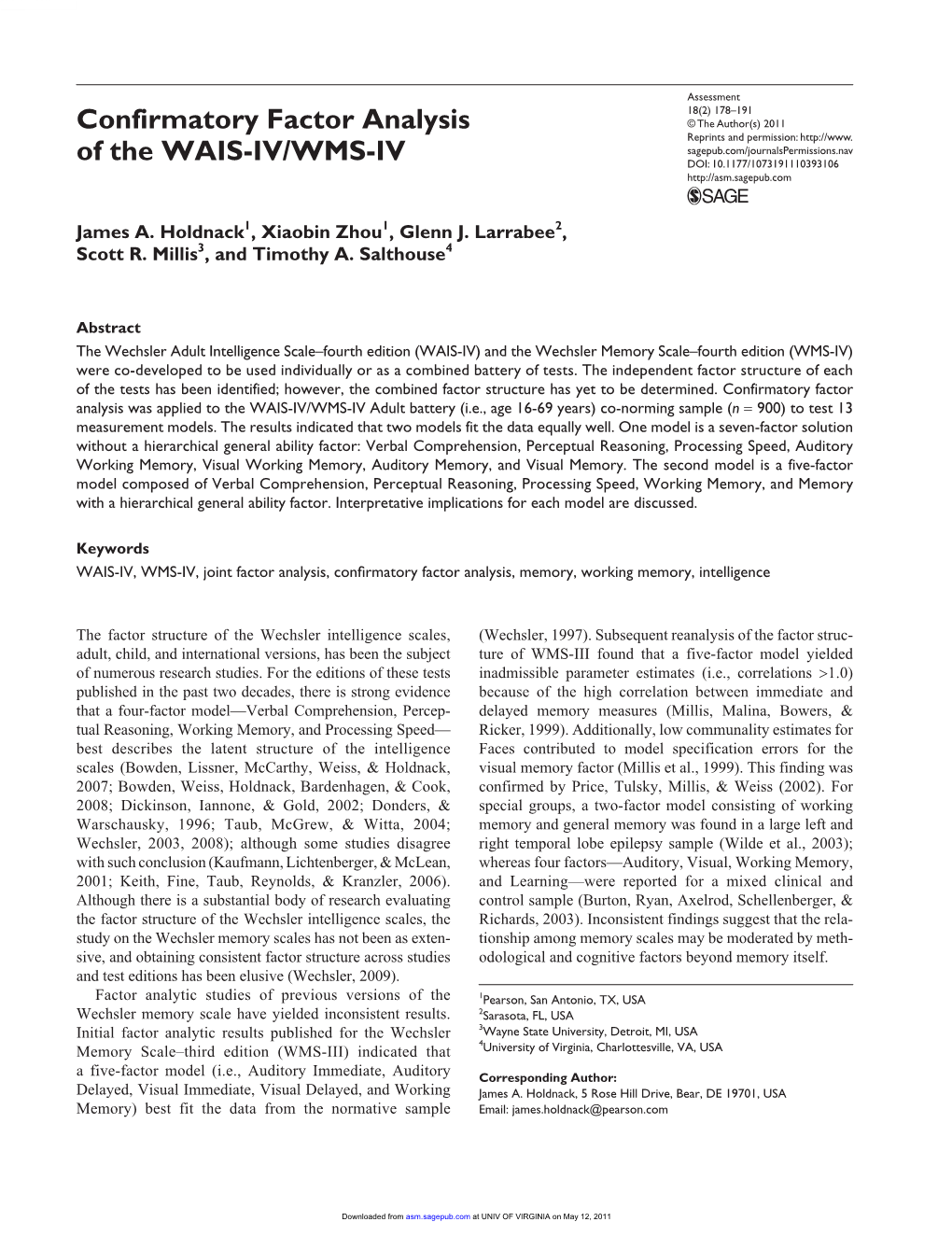 Confirmatory Factor Analysis of the WAIS-IV/WMS-IV