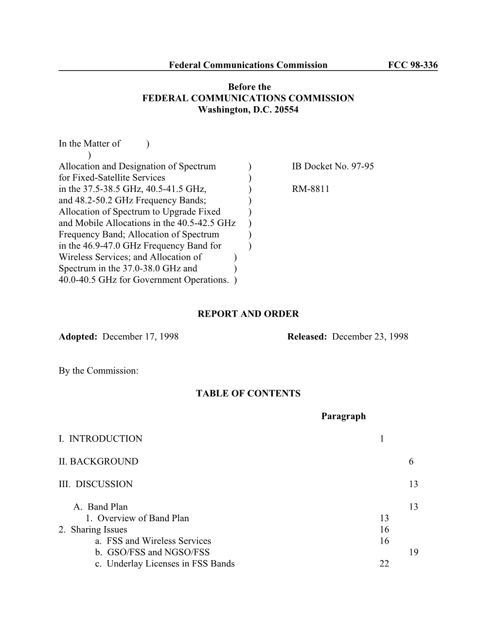 Federal Communications Commission FCC 98-336 Before the FEDERAL