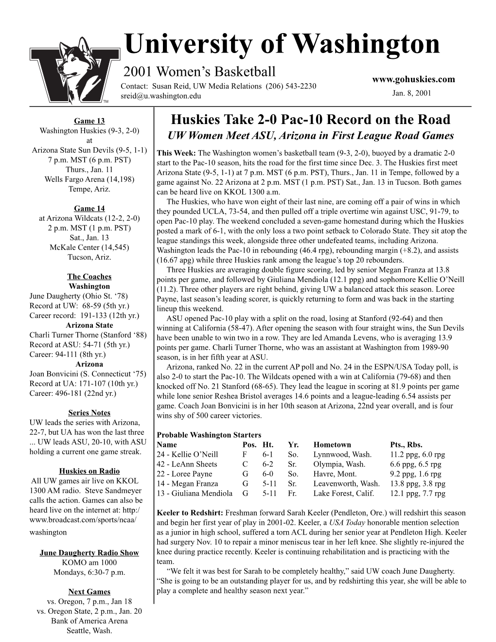 University of Washington 2001 Women’S Basketball Contact: Susan Reid, UW Media Relations (206) 543-2230 Sreid@U.Washington.Edu Jan